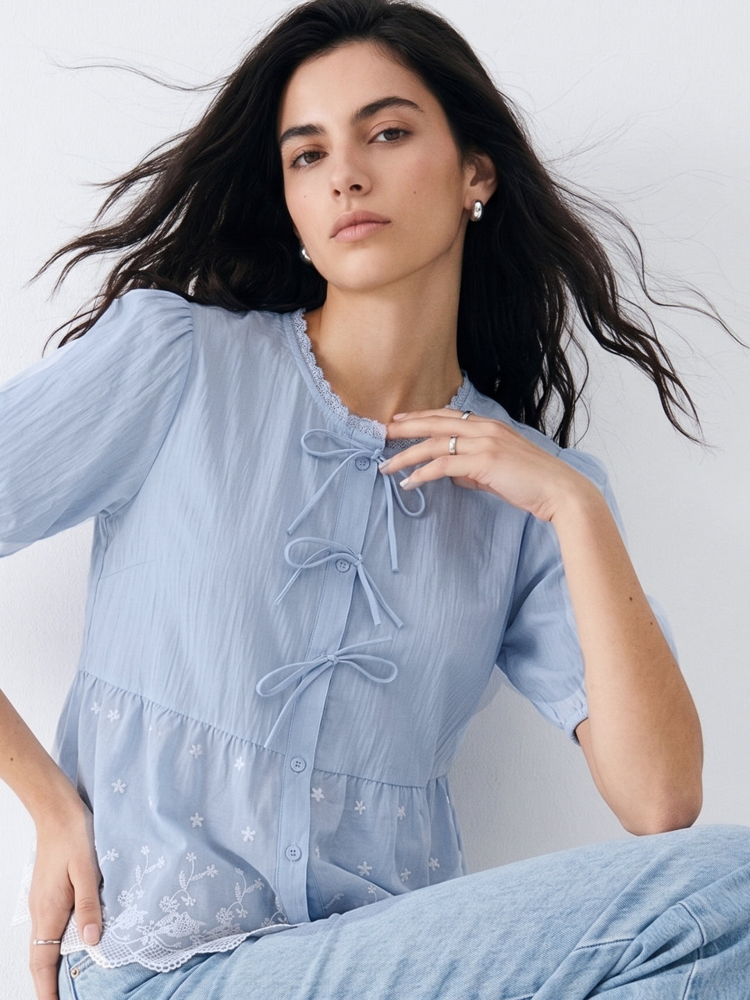 Light Blue Front Tie-Up Scallop Hem Top