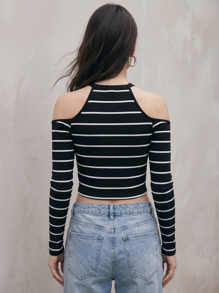 Black Cold Shoulder Striped Top