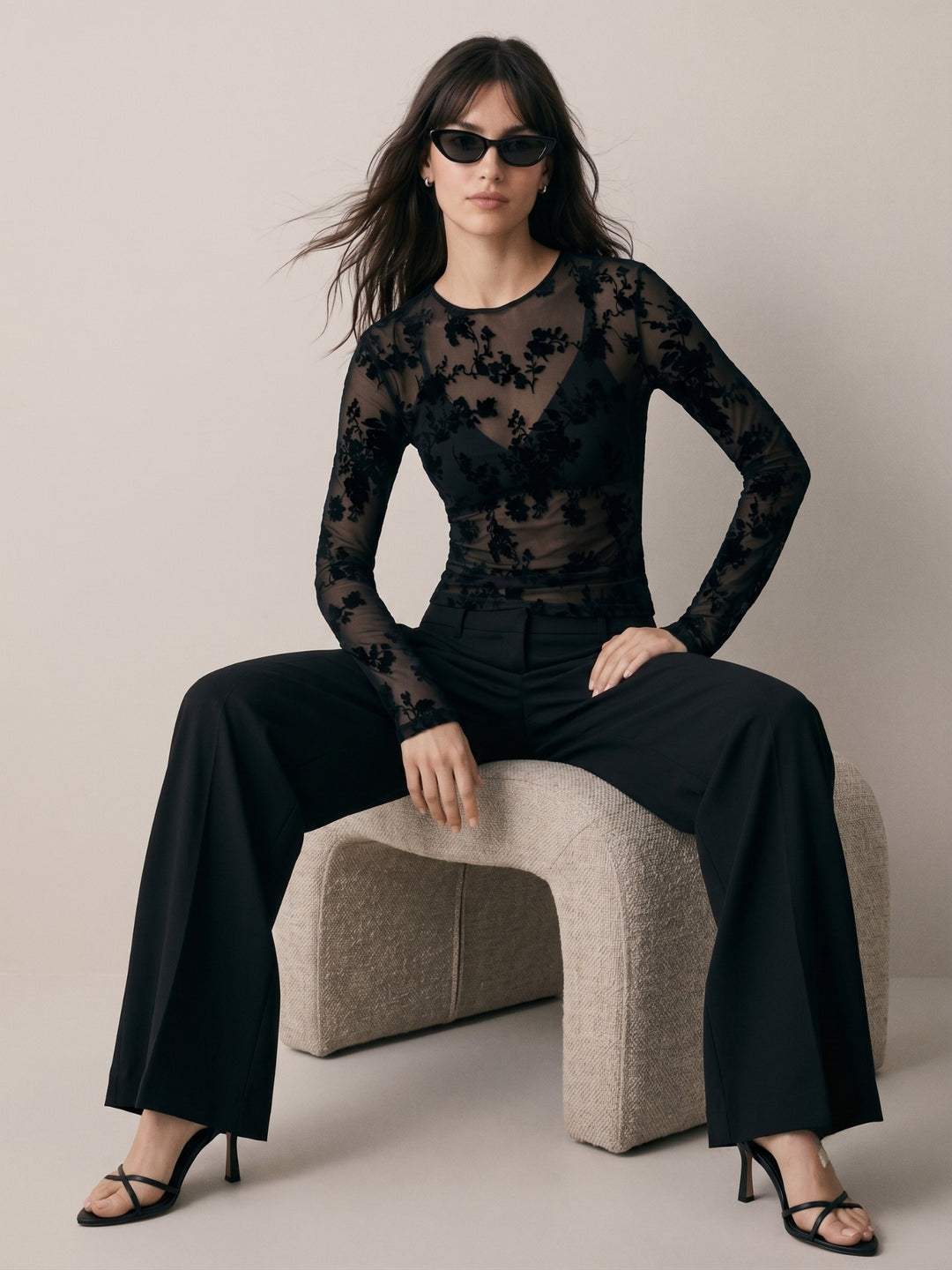 Black Full Sleeve High Neck Mesh Top