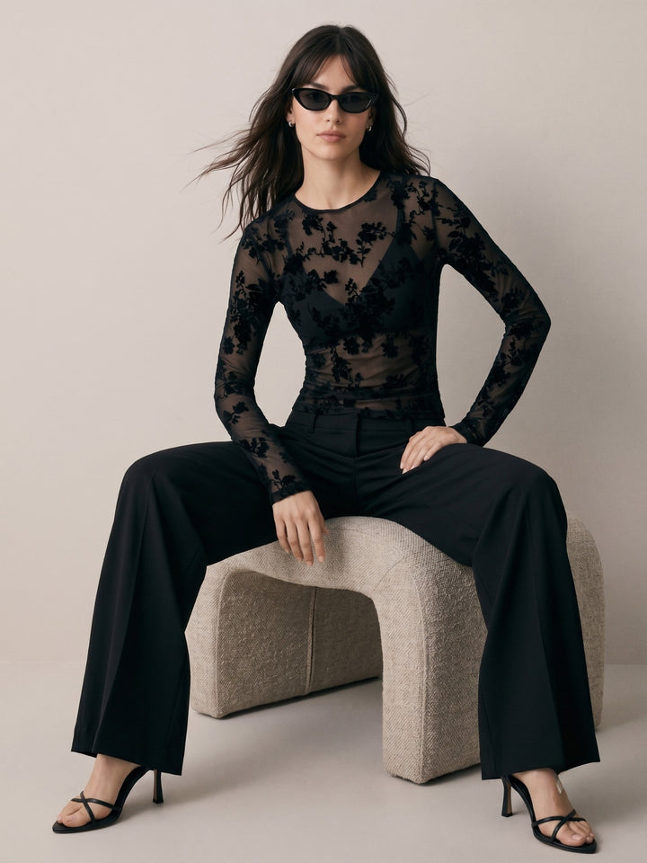 Black Full Sleeve High Neck Mesh Top