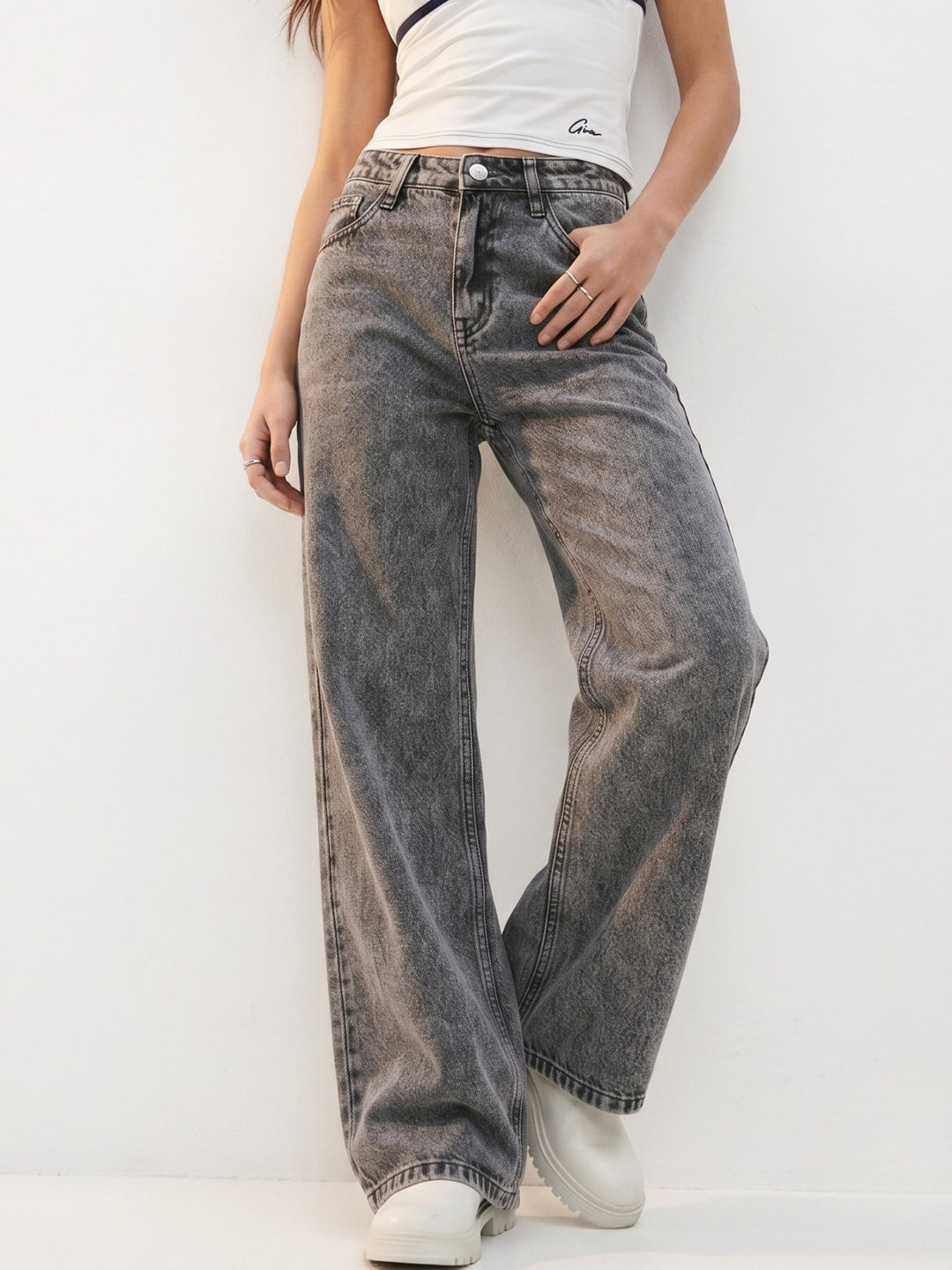 Black Acid Wash Wide Leg Denim Jeans