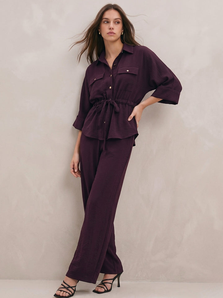 Maroon Coord Set With Oversized Utility Shirt With Wide Leg Touser In Elevated Textured Fabric