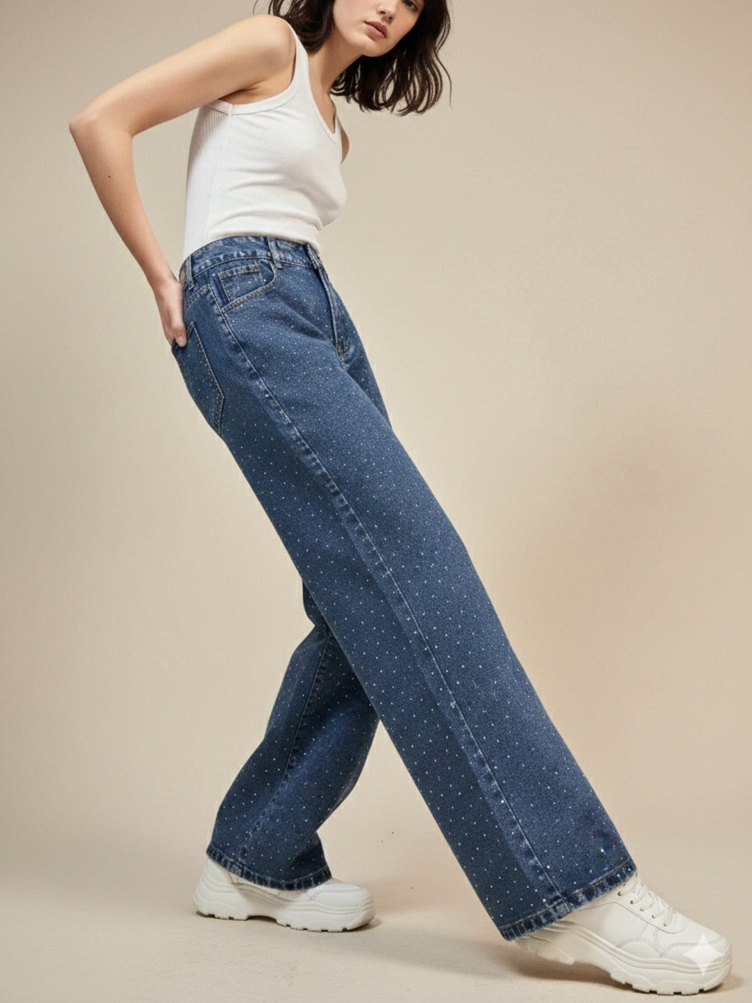 Navy Blue Embellished Wide Leg Denim Jeans