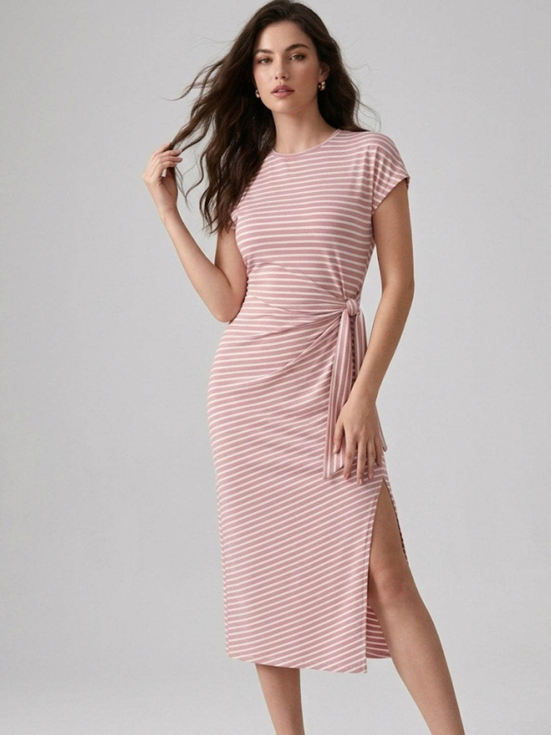 Pink Waist Wrap Striped Dress