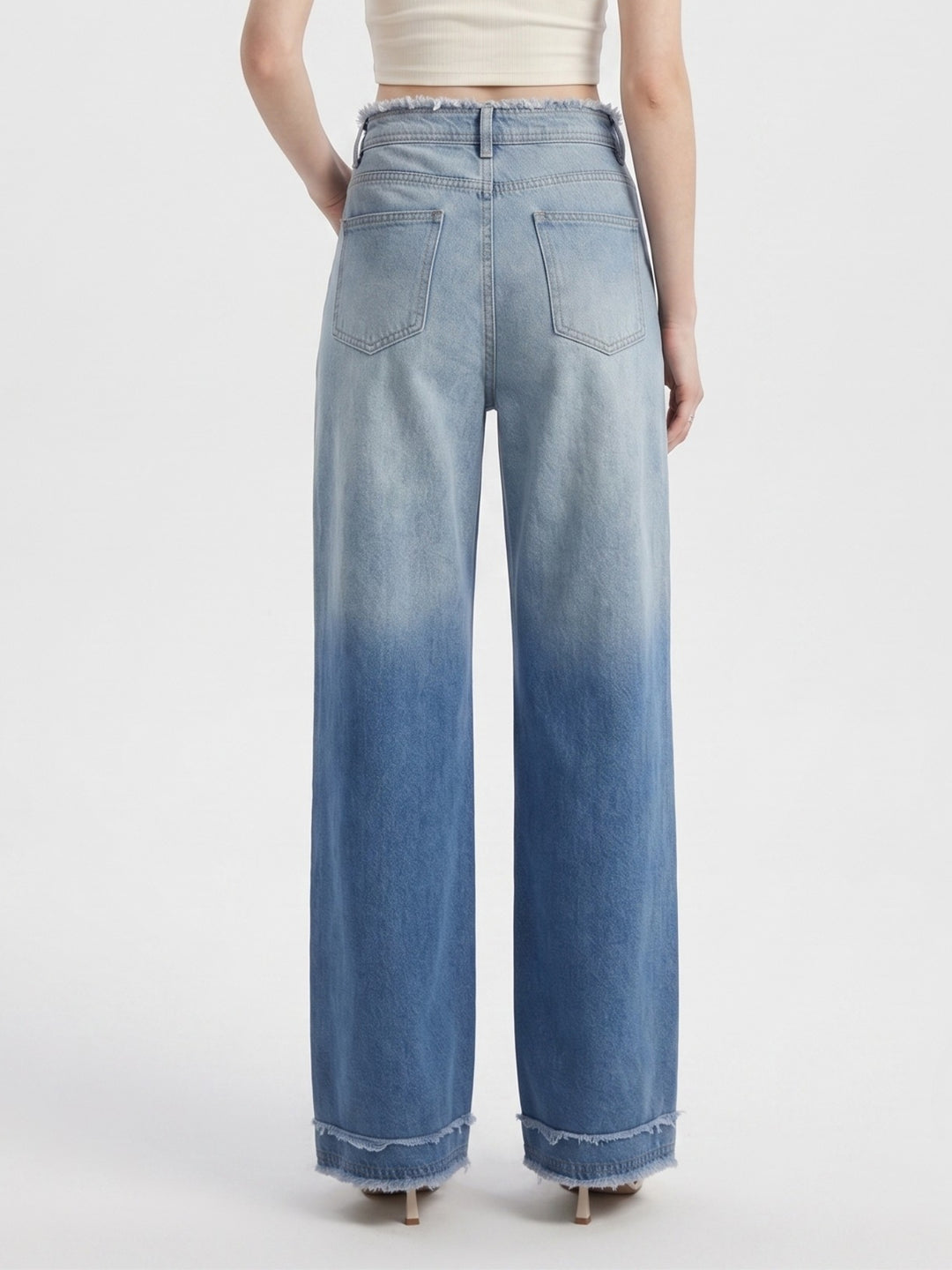 Blue Freyed Waist Band With Thick Hem Detailed Jeans