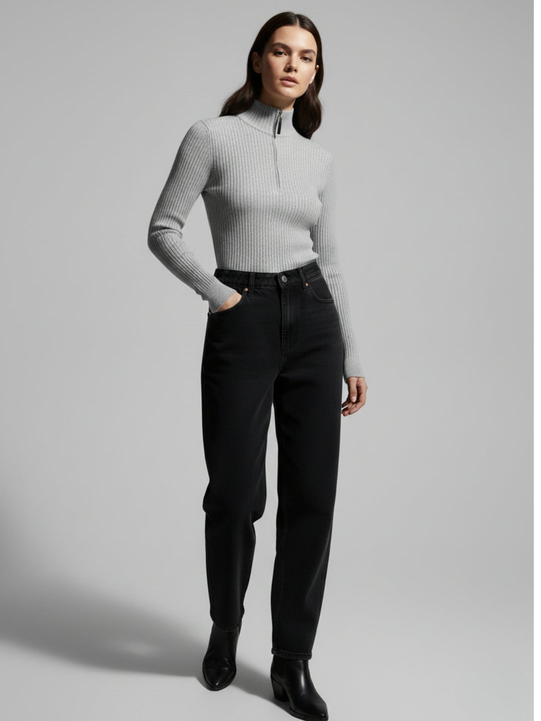 Grey Full Sleeve Half Zipped Sweatshirt
