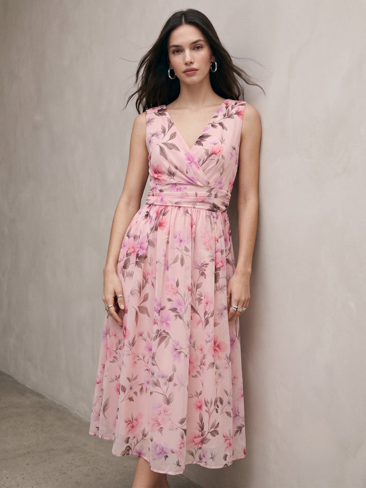 Multi Floral Printed Plunge Neck Dress