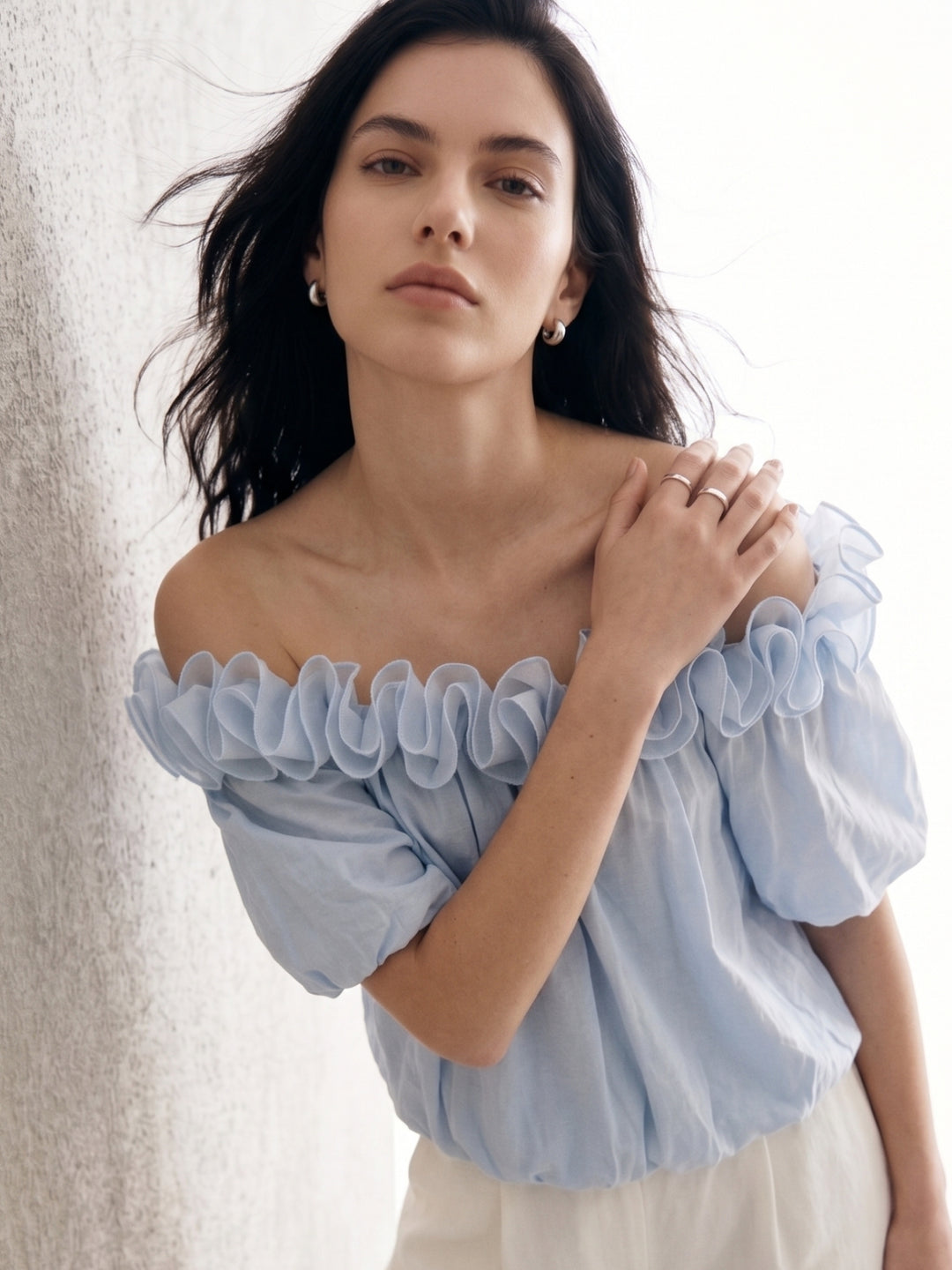 Blue Ruffle Neck Puff Sleeve Top