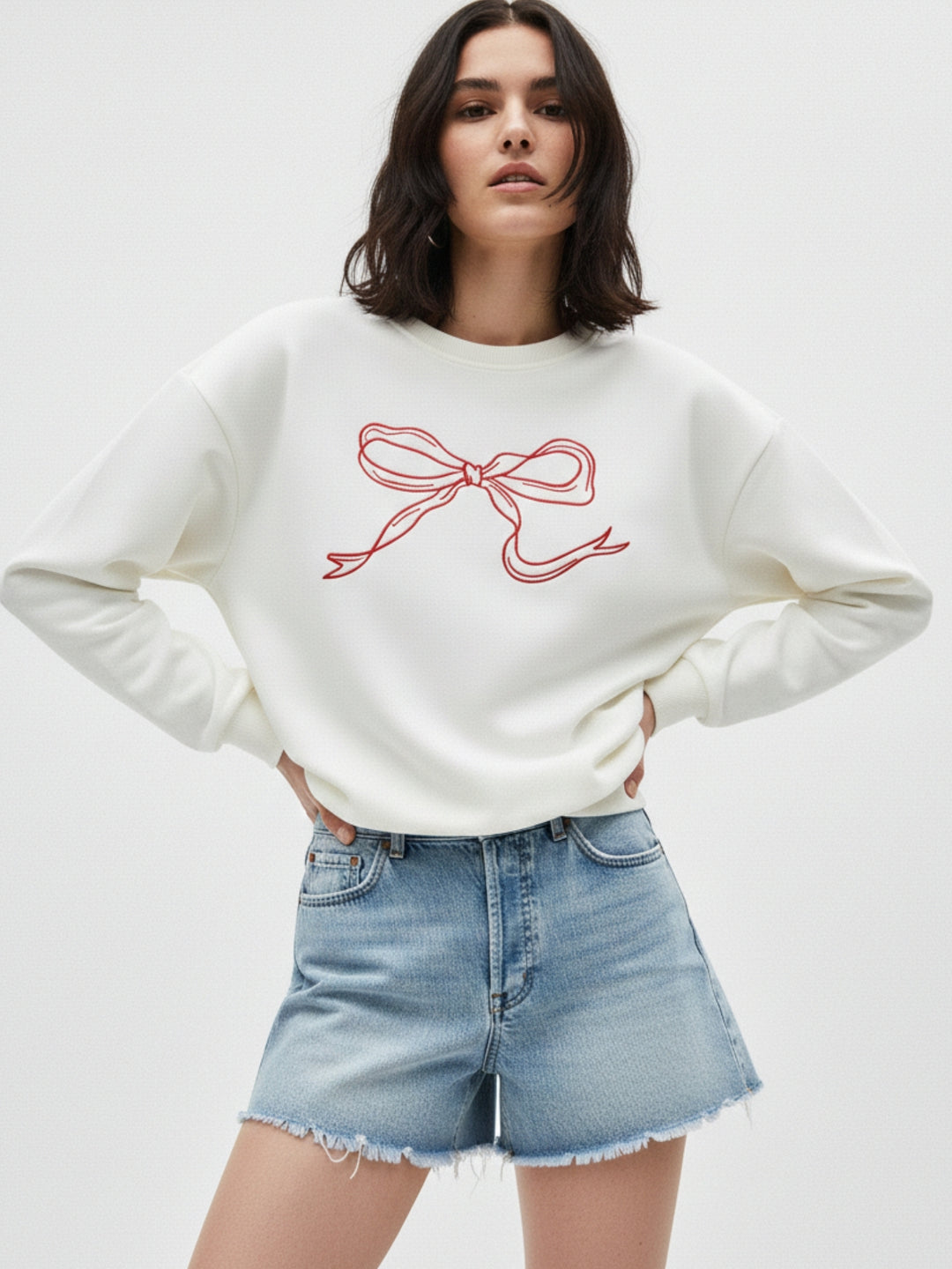 Cream Bow Printed Sweatshirt