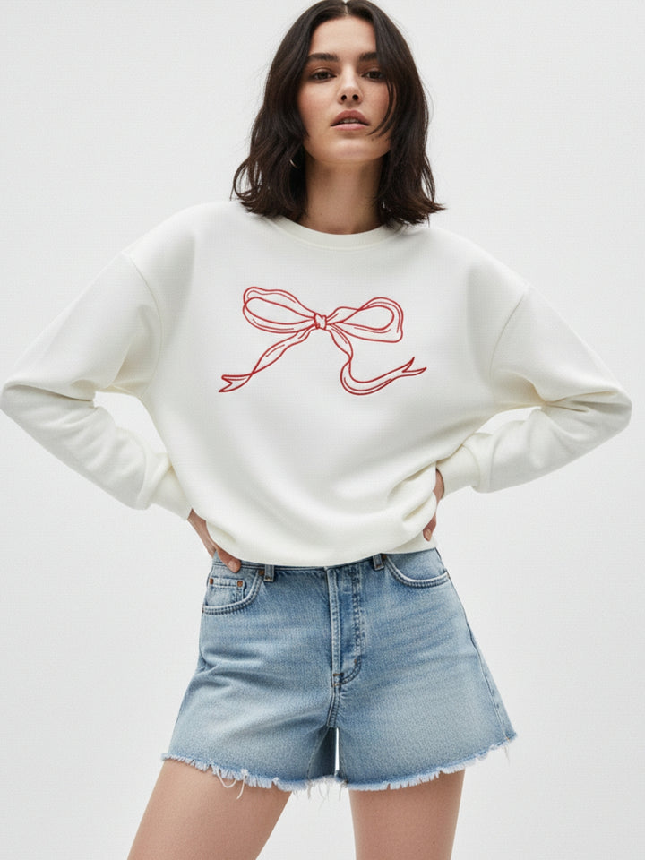 Cream Bow Printed Sweatshirt