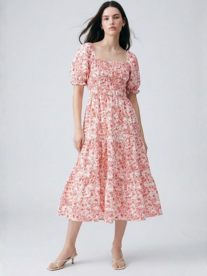 Pink Short Sleeve Square Neck Dress