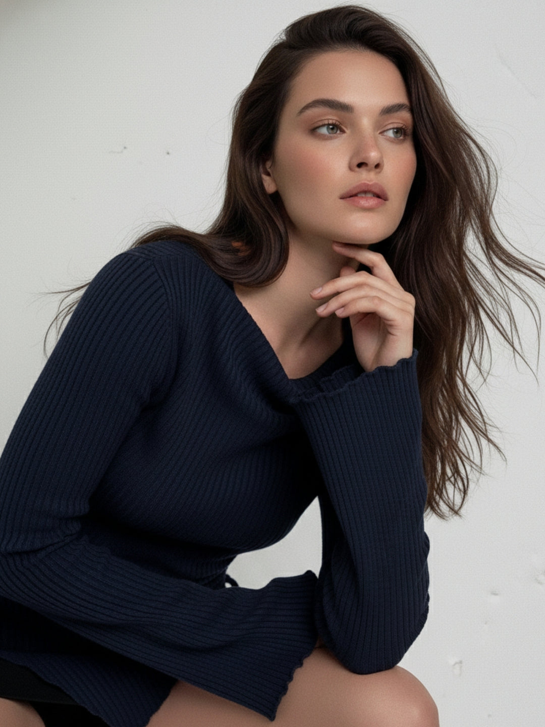 Navy Blue Asymmetric Hem Side Ruched Top