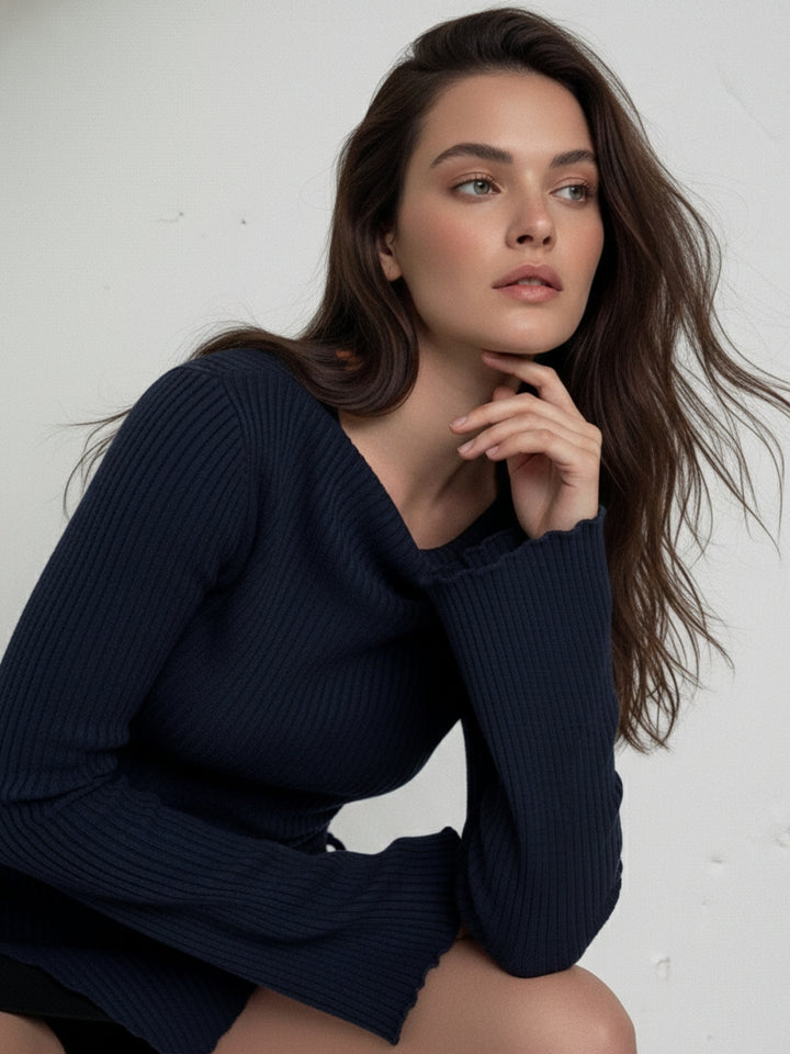 Navy Blue Asymmetric Hem Side Ruched Top