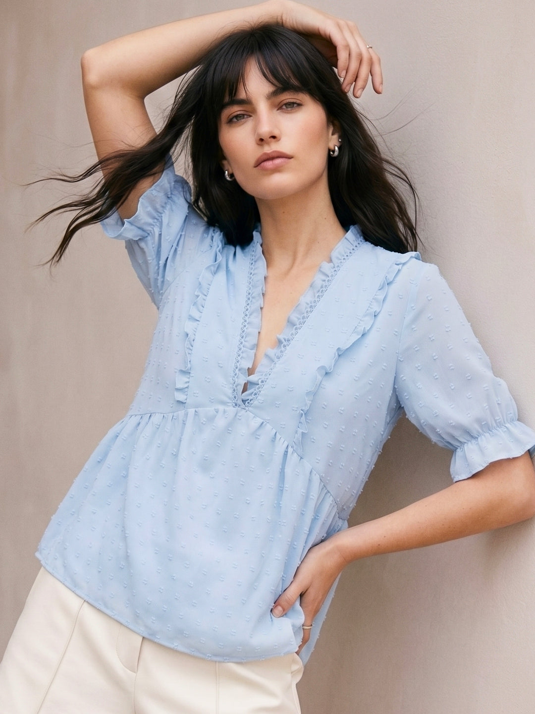 Blue Ruffle Detail Relaxed Blouse