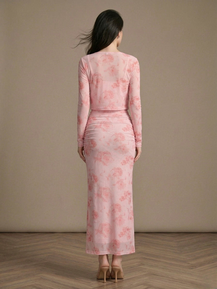 Pink Printed Dress With Shrug