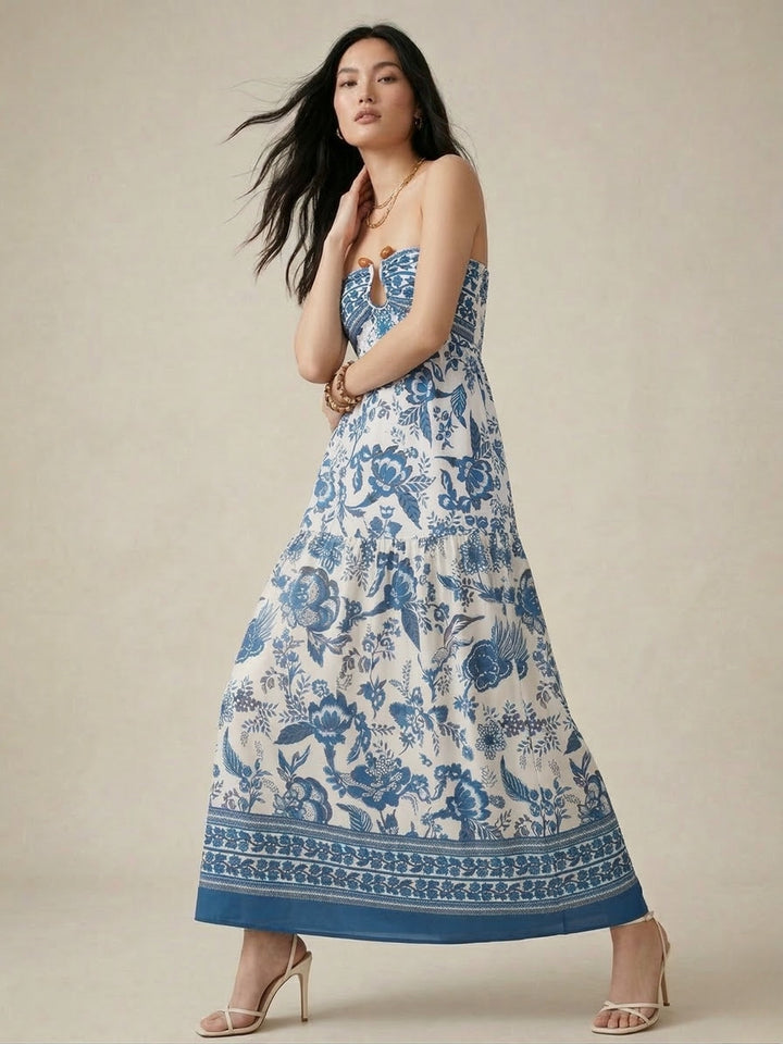 Blue Tube Metal Trim Printed Dress