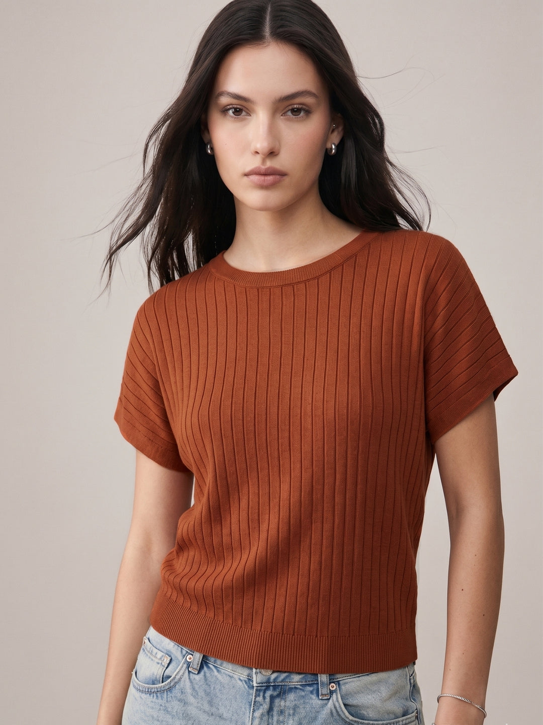 Brown Short Sleeve Crew Neck Top