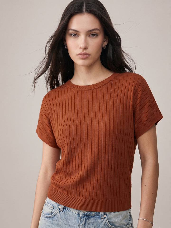 Brown Short Sleeve Crew Neck Top