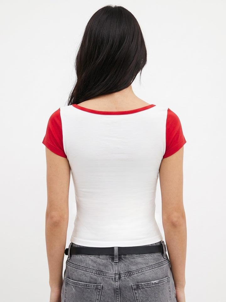 White Contrast Boat Neck Graphic Printed T-Shirt