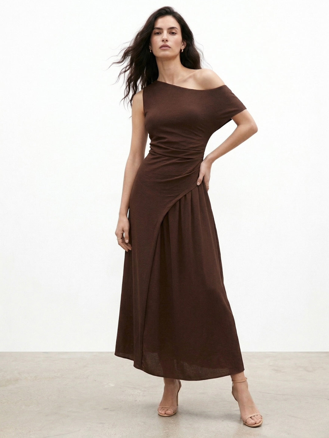 Brown One Shoulder Waist Detail Dress