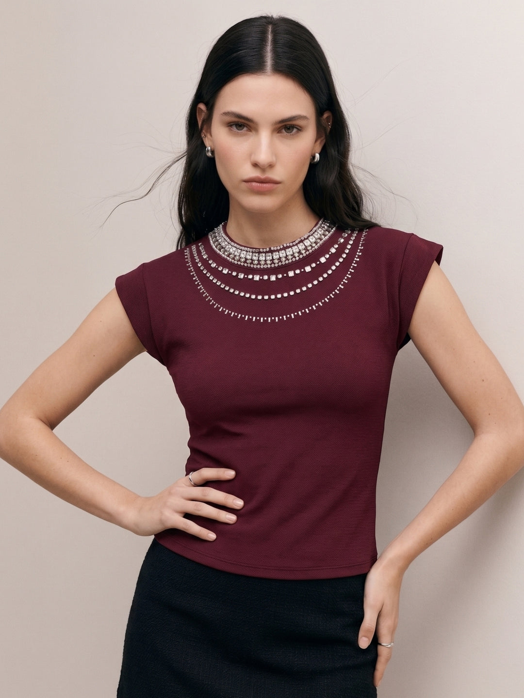 Wine High Neck Cap Sleeved Top With Layered Embellishments