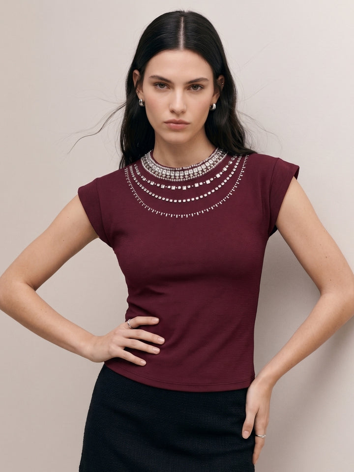 Wine High Neck Cap Sleeved Top With Layered Embellishments
