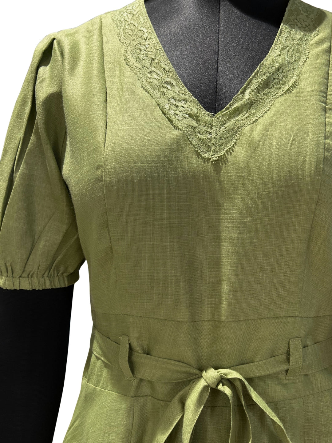 Green Green Lace-Trim Mini Dress With Puff Sleeves.