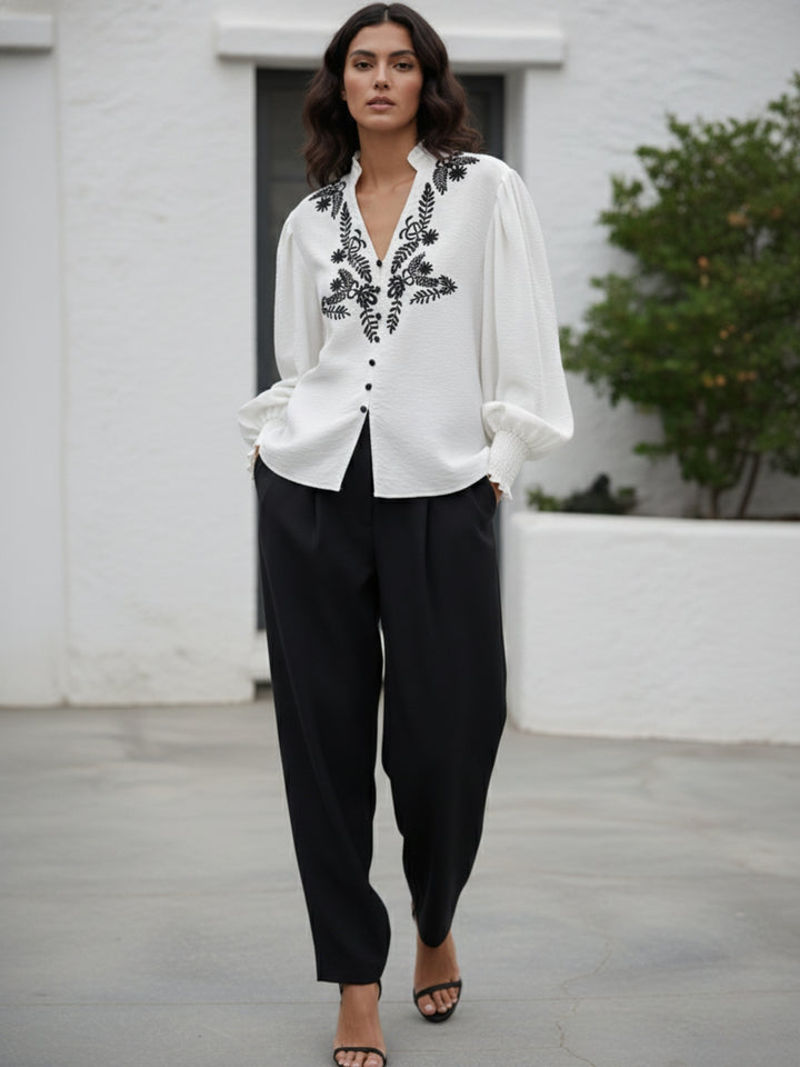 White Bishop Sleeve V Neck Embroidered Top