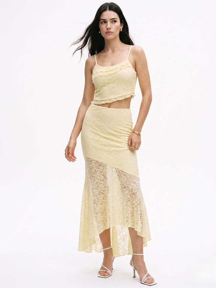 Yellow Spaghetti Strap Top And Lace Skirt Set