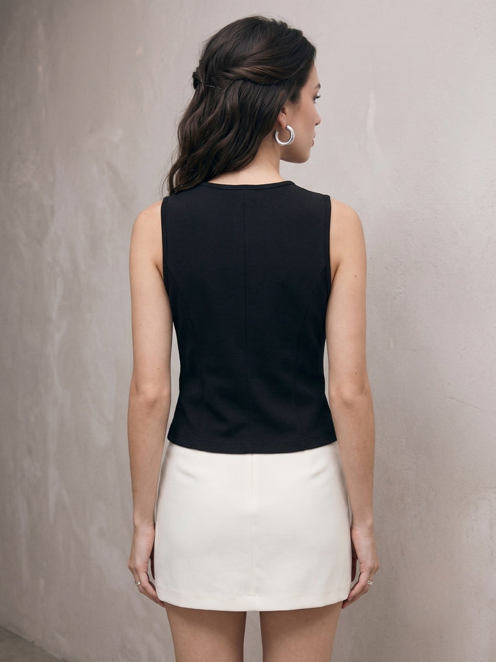 Black Button Down V Neck Vest Top