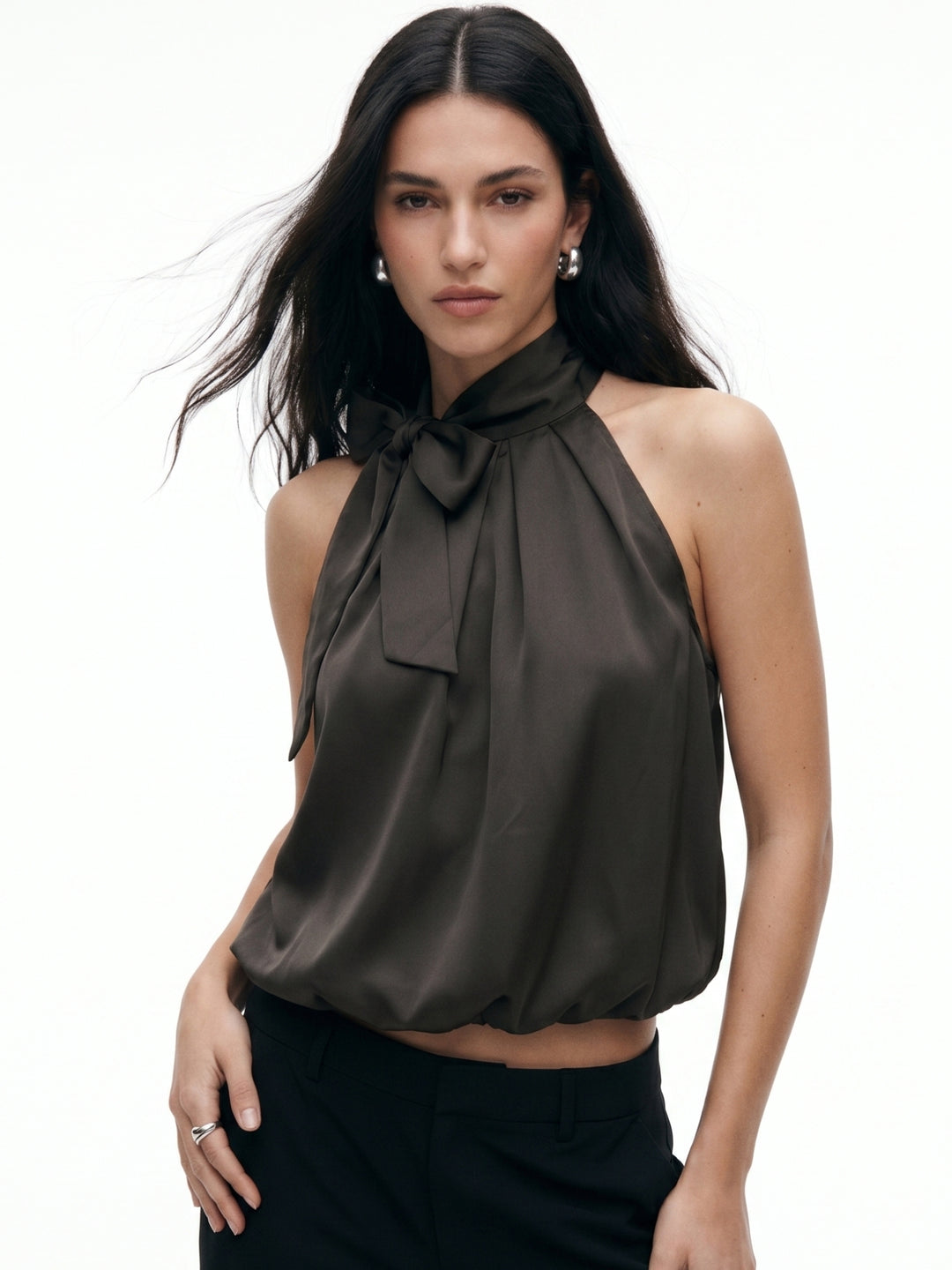 Charcoal Neck Tie-Up Bubble Hem Top