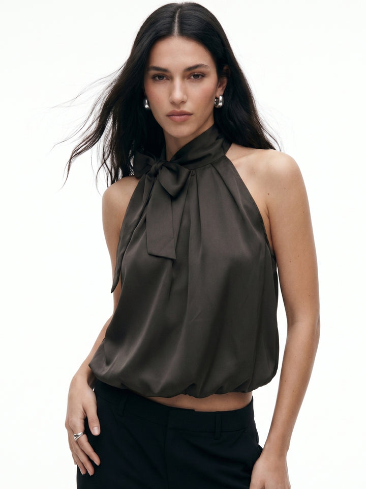 Charcoal Neck Tie-Up Bubble Hem Top