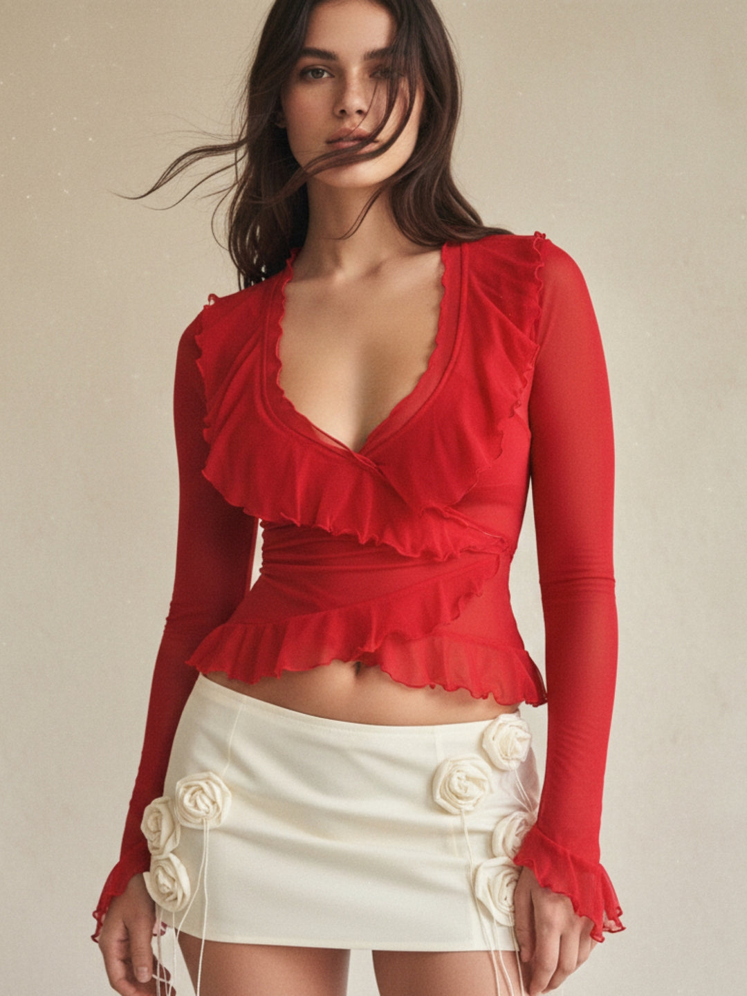 Red Ruffle Detail Full Sleeve Top