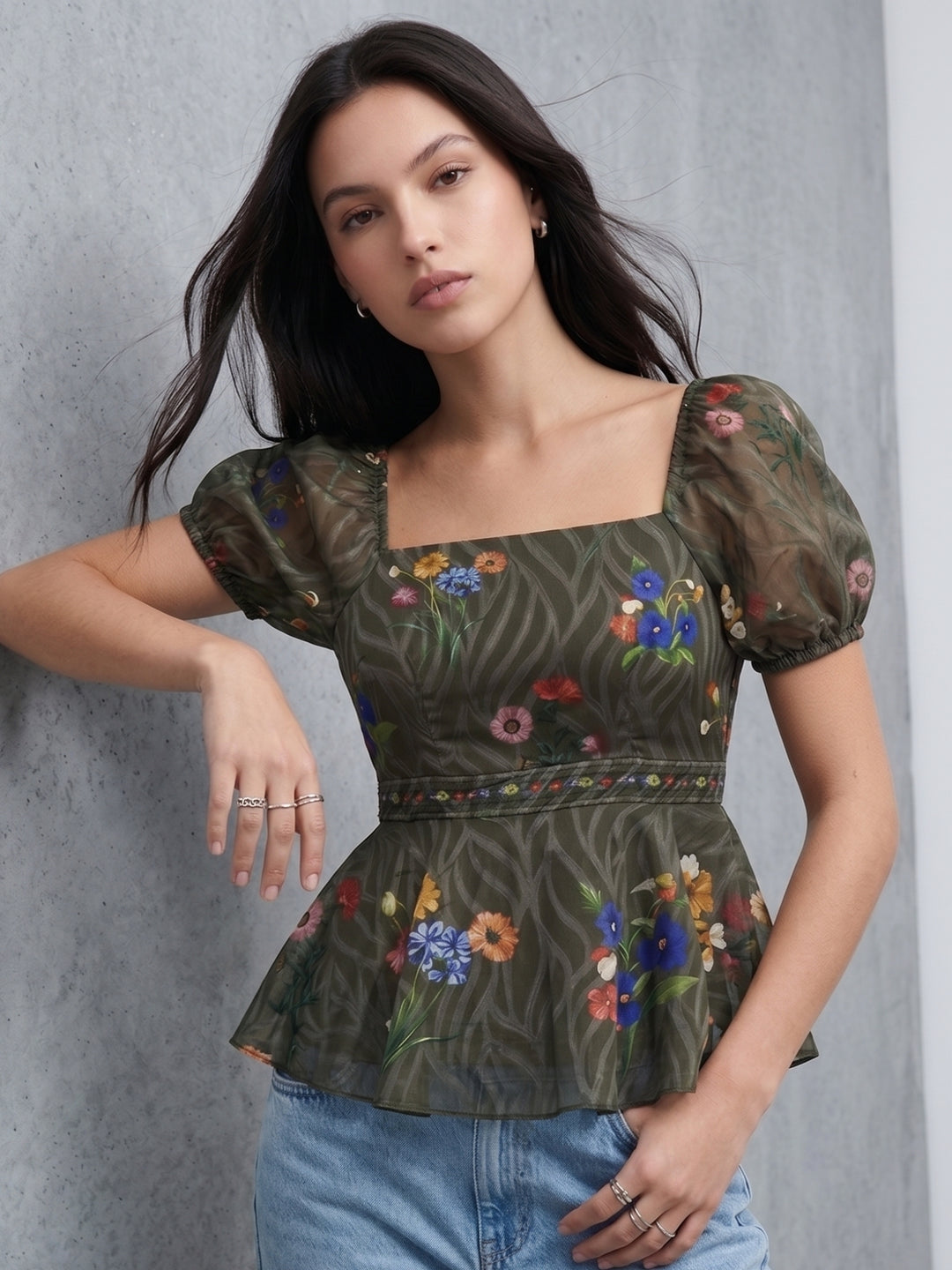Olive Puff Sleeve Flared Top