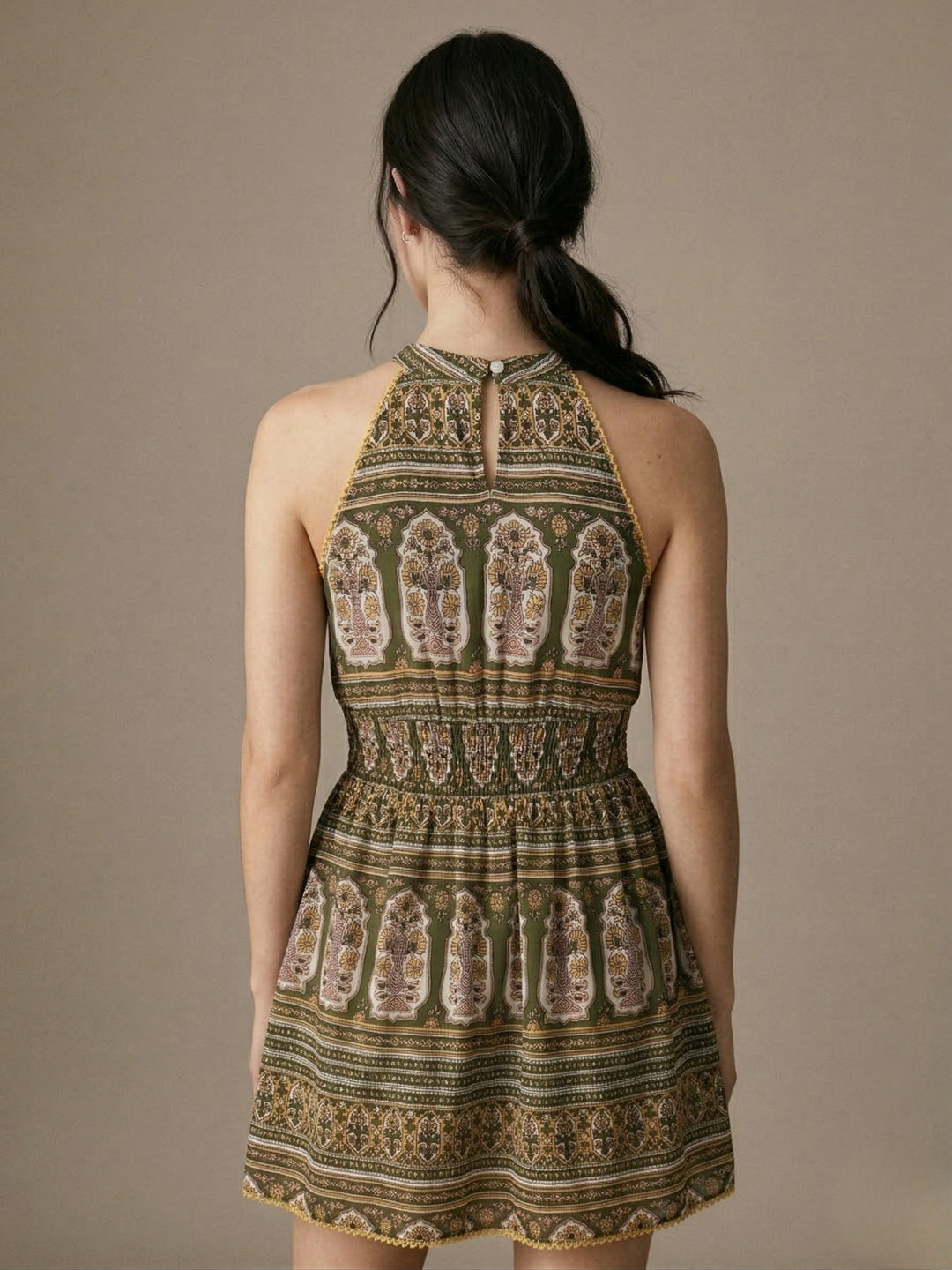 Green Sleeveless Printed Halter Mini Dress