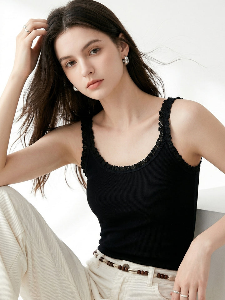 Black Ruffle Edge Fitted Top
