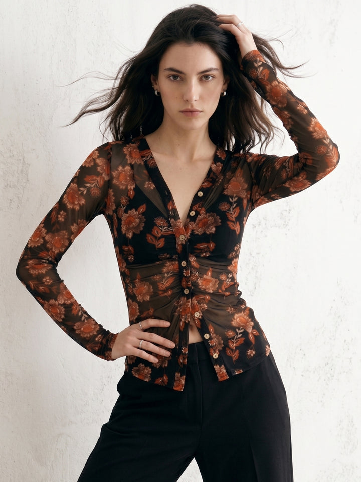 Multi Front Buttoned Floral Printed Mesh Top