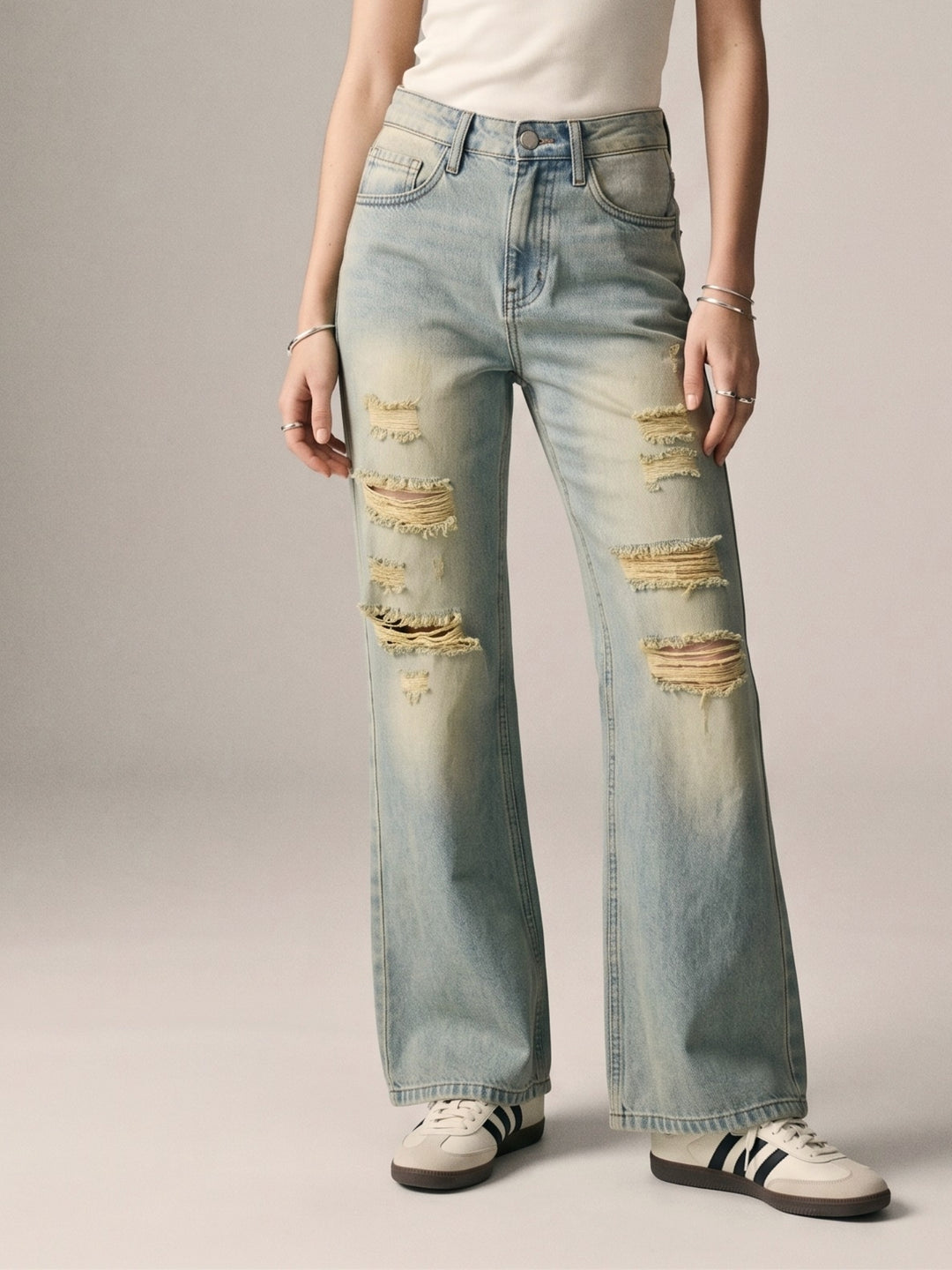 Blue Distressed Washed Out Straight Fit Jeans