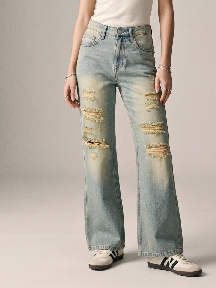 Blue Distressed Washed Out Straight Fit Jeans