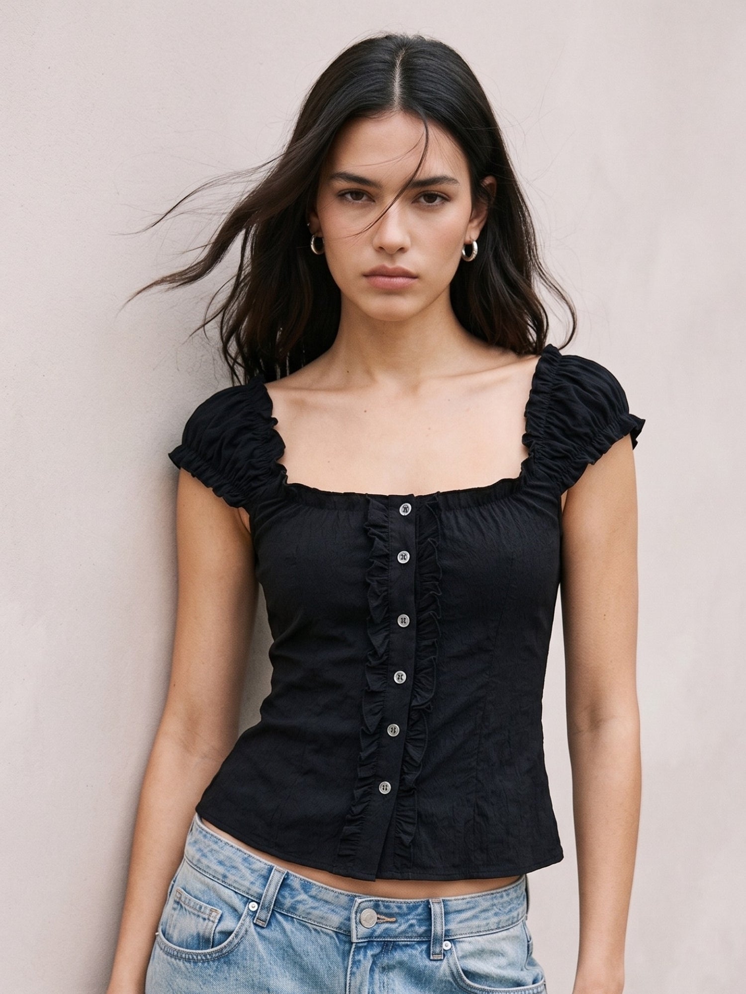 Black Button Down Frilled Detailed Blouse