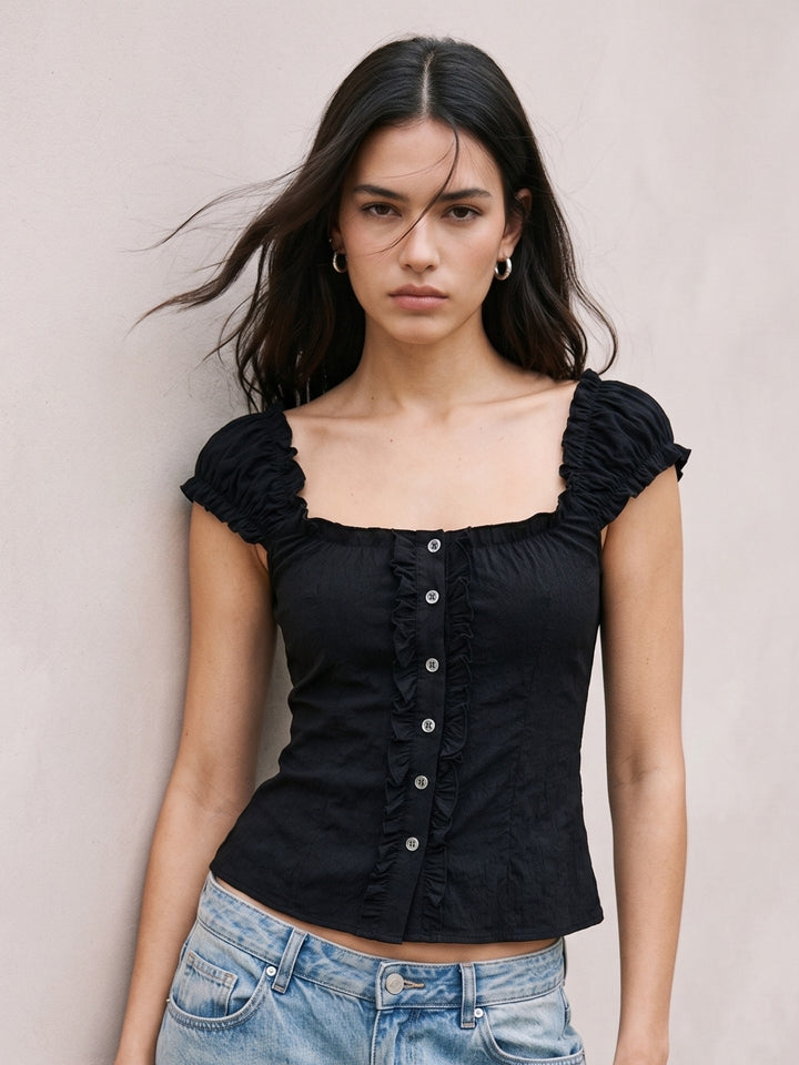 Black Button Down Frilled Detailed Blouse
