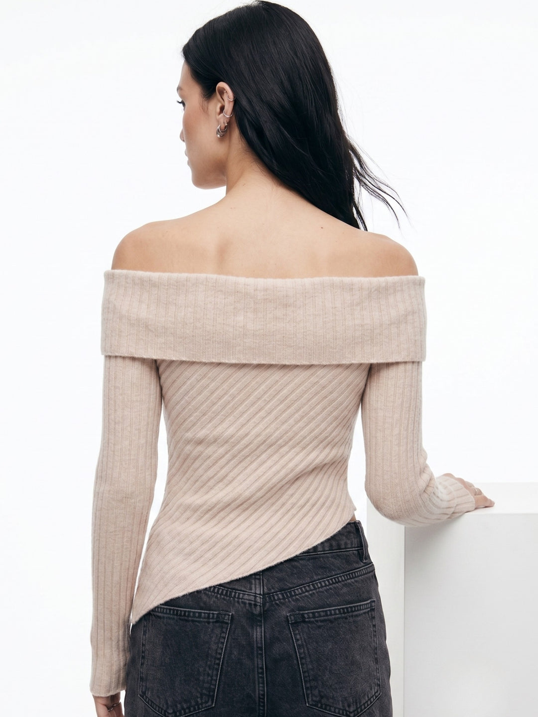 Beige Off-Shoulder Fitted Textured Top With Asymmetric Hem