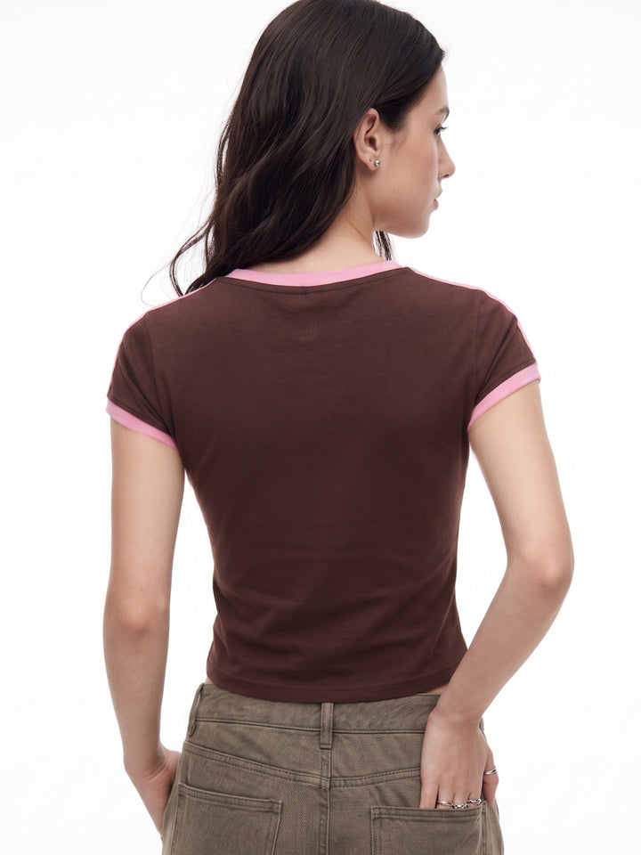 Brown Contrast Tipping Ringer Graphic T-Shirt