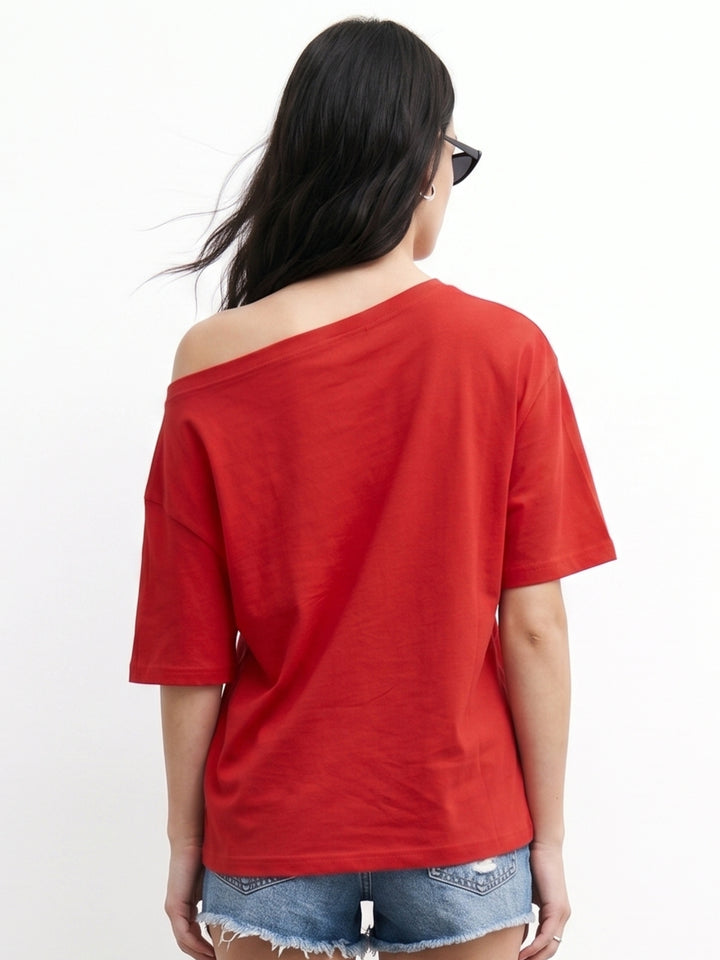Red Off-Shoulder Varsity Graphic T-Shirt