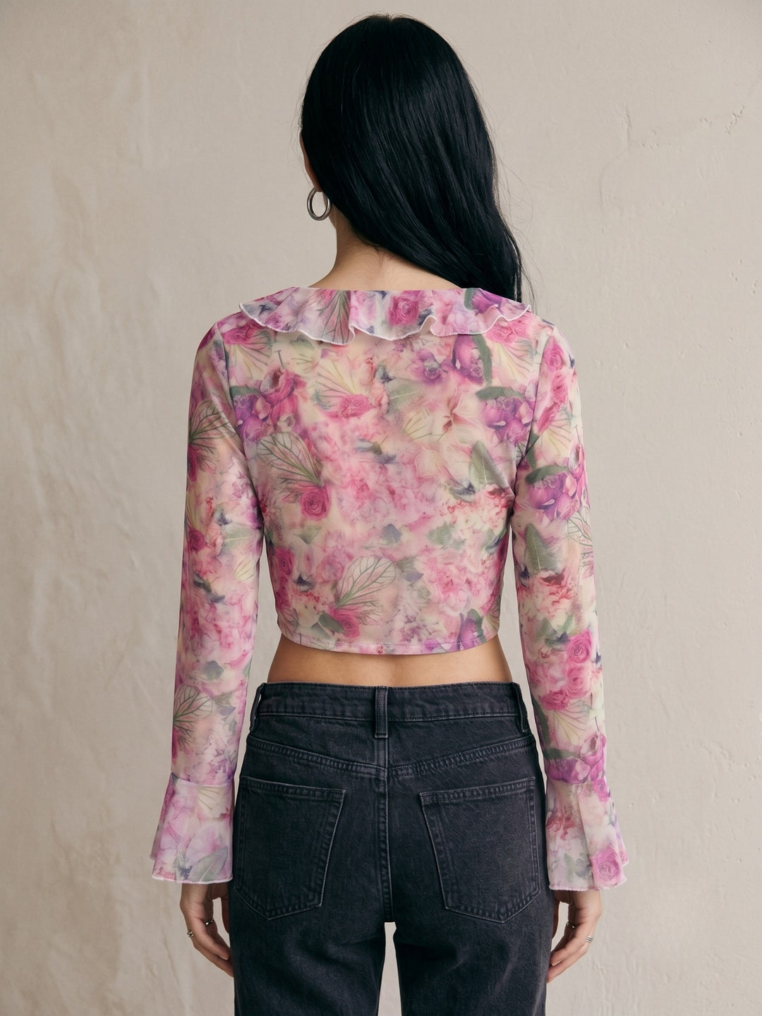 Purple Printed Ruffled Front Tie Up Top With Flared Sleeves