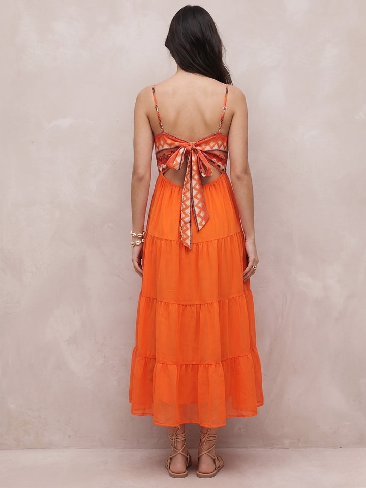 Orange Shoulder Strap Back Bow Tiered Dress