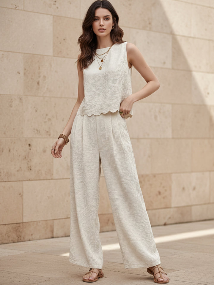 Off White Sleeveless Scallop Hem Back Tie Top Up And Pant Set