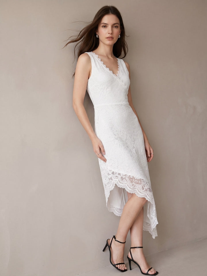 White V Scallop Lace Neck Dress With Asymmetric Hem