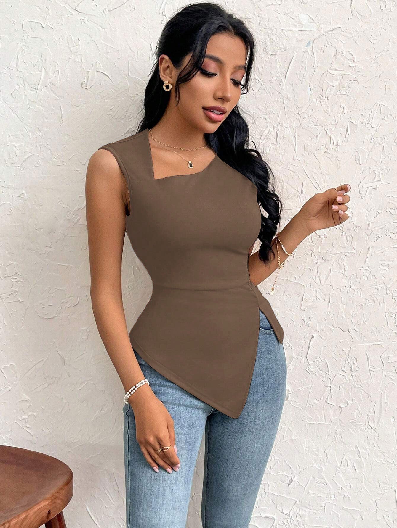 Brown Sleeveless Cut-Out Detail Top