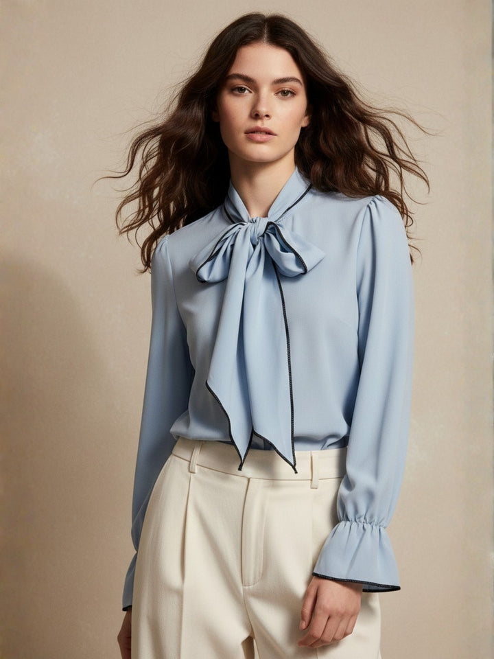 Blue Bishop Sleeve Bow Tie-Up Top